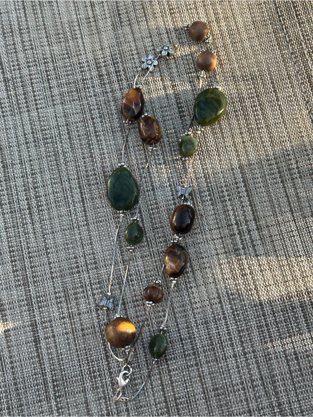 Long Boho Green Brown Beaded Butterfly Flower Necklace 36”
